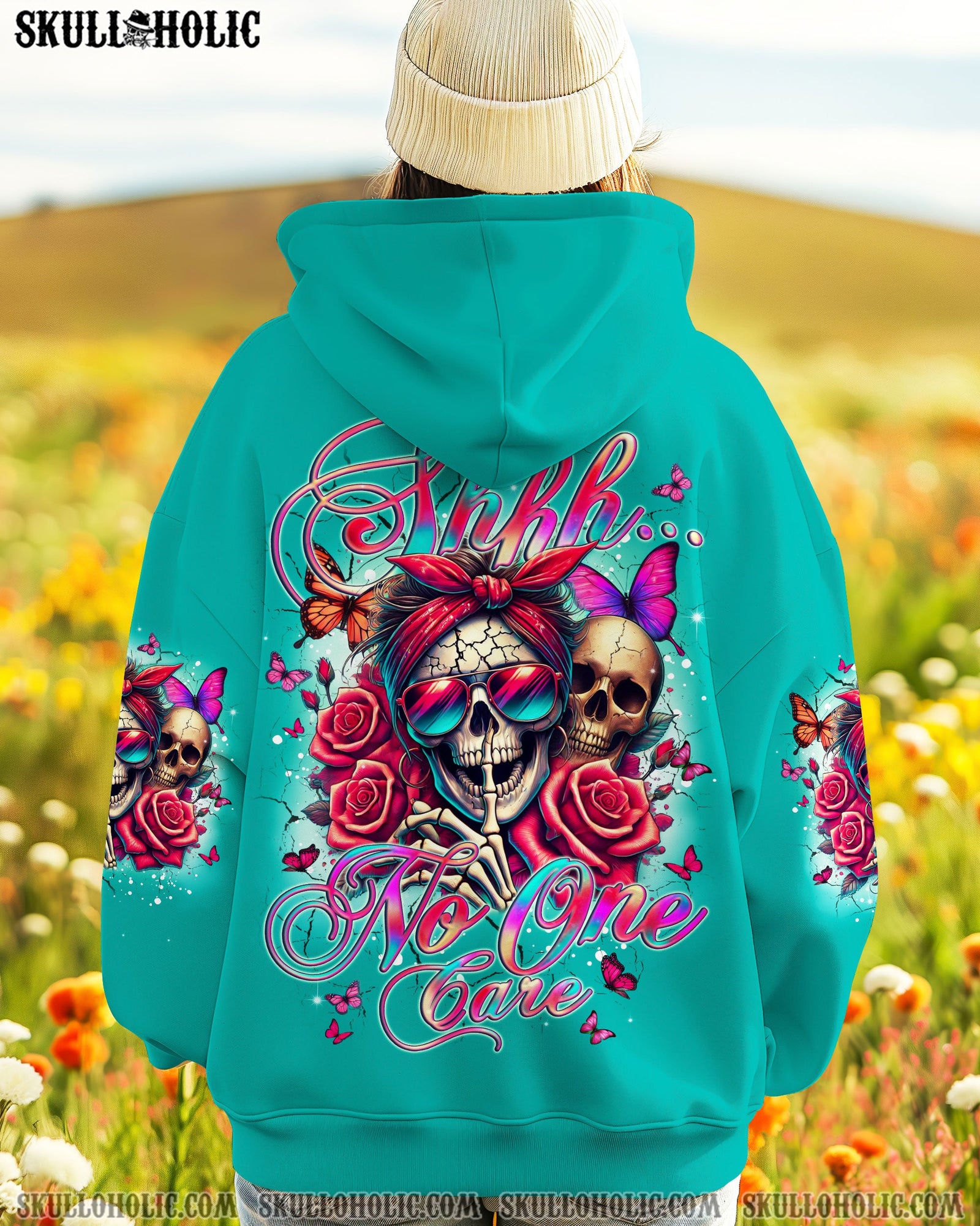 BLISSCORNERS SHHH NO ONE CARES MESSY BUN SKULL ALL OVER PRINT