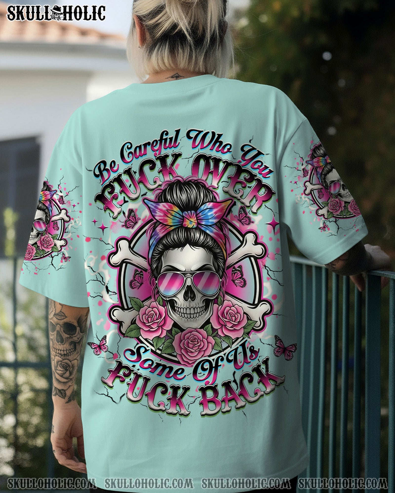 BLISSCORNERS NO ONE IS HARDER ON ME THAN ME MESSY BUN SKULL ALL OVER PRINT