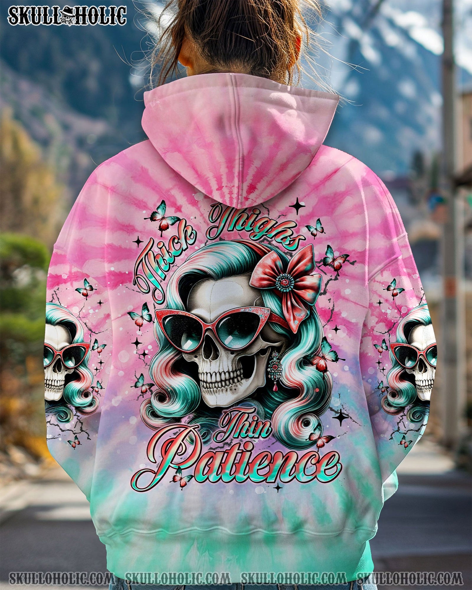 BLISSCORNERS THICK THIGHS THIN PATIENCE SKULL TIE DYE ALL OVER PRINT