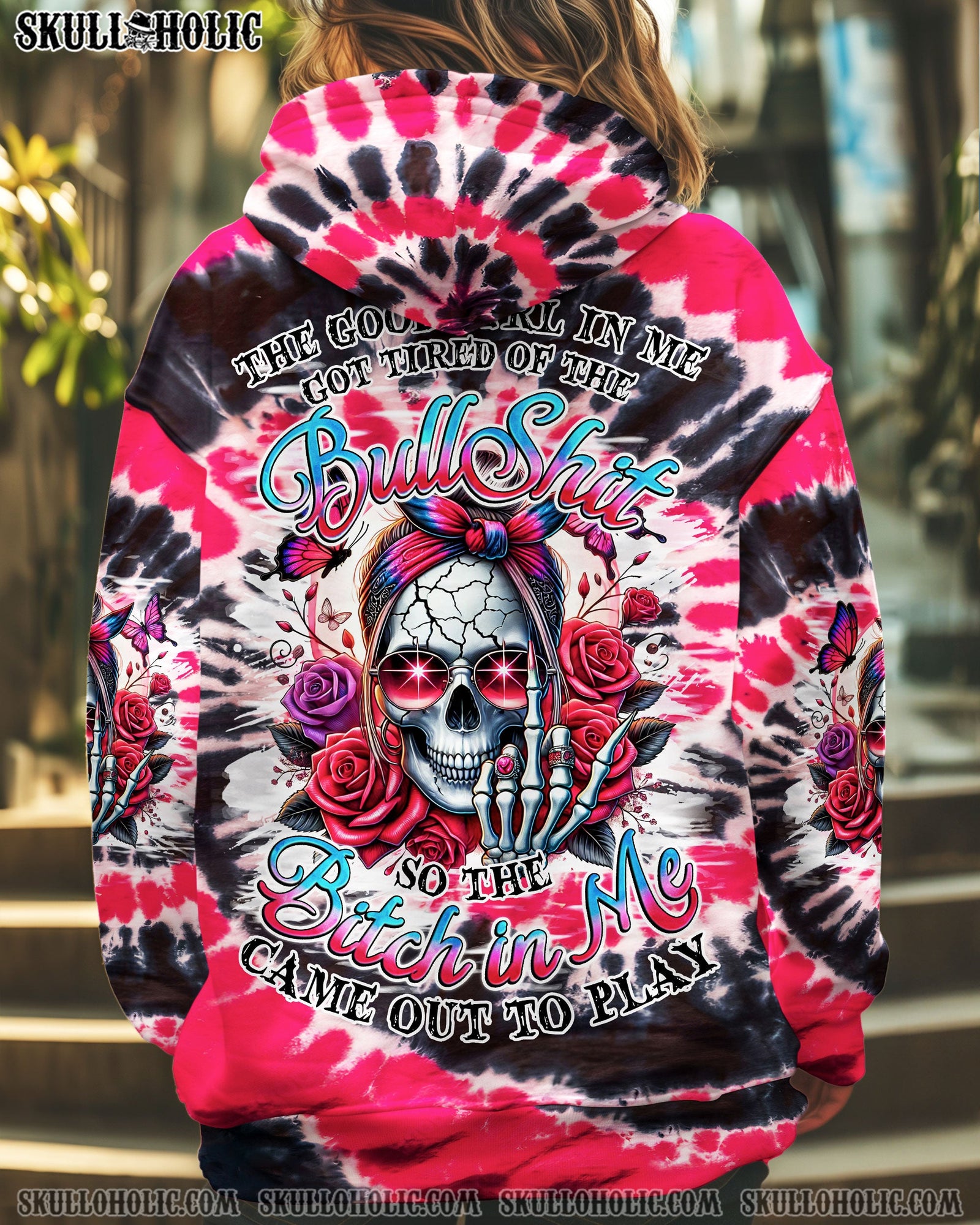 BLISSCORNERS THE GOOD GIRL IN ME MESSY BUN SKULL TIE DYE ALL OVER PRINT
