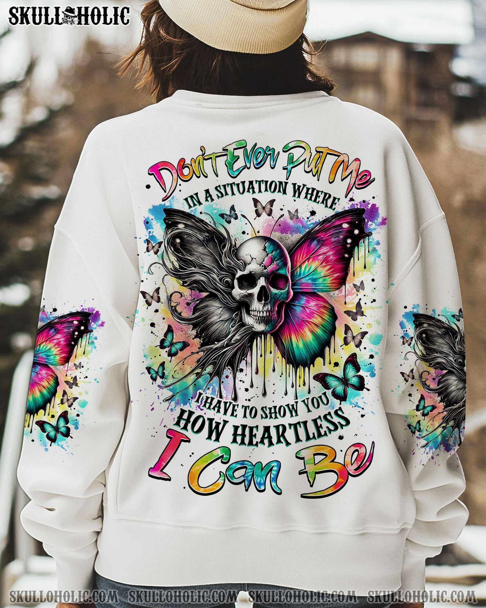 BLISSCORNERS HOW HEARTLESS I CAN BE SKULL BUTTERFLY ALL OVER PRINT