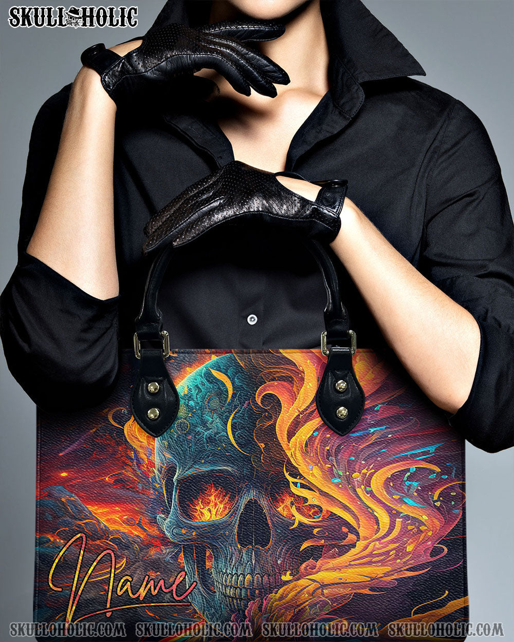 BLISSCORNERS SKULL ON FIRE LEATHER HANDBAG