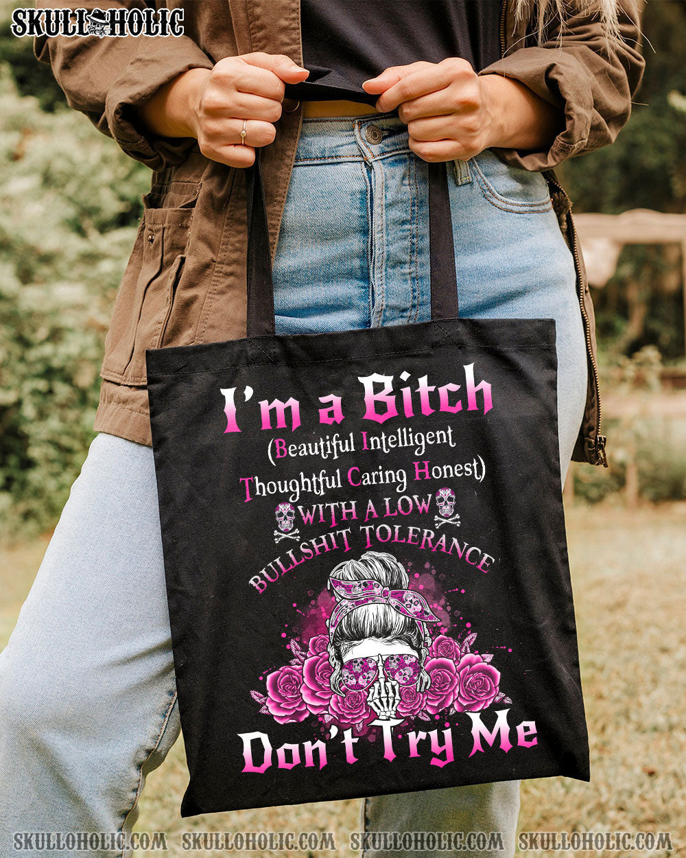 BLISSCORNERS I'M A B DON'T TRY ME ROSE MESSY BUN BLACK TUMBLER