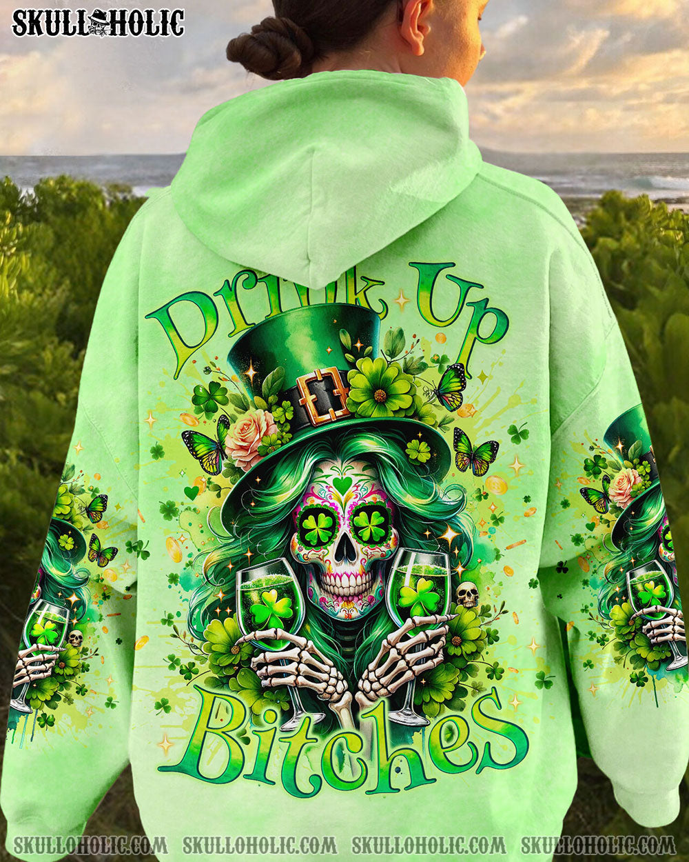 BLISSCORNERS DRINK UP B SKULL LADY PATRICK'S DAY ALL OVER PRINT