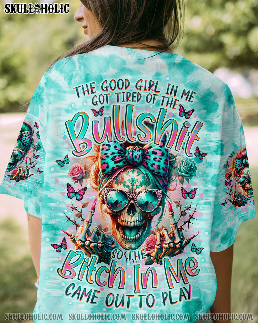 BLISSCORNERS THE GOOD GIRL IN ME MESSY BUN SKULL ALL OVER PRINT