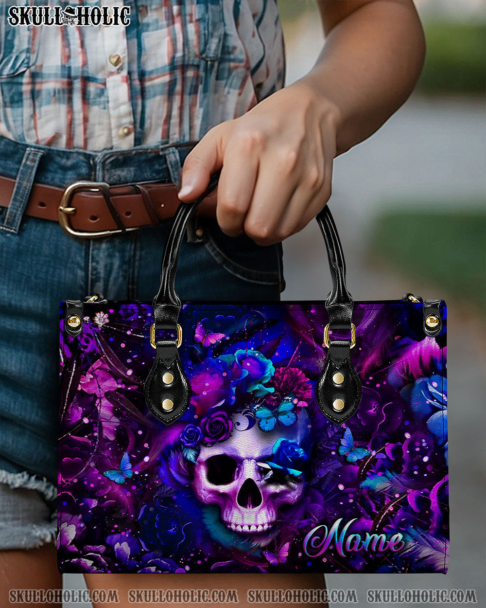 BLISSCORNERS GLOWING SKULL FLOWER LEATHER HANDBAG