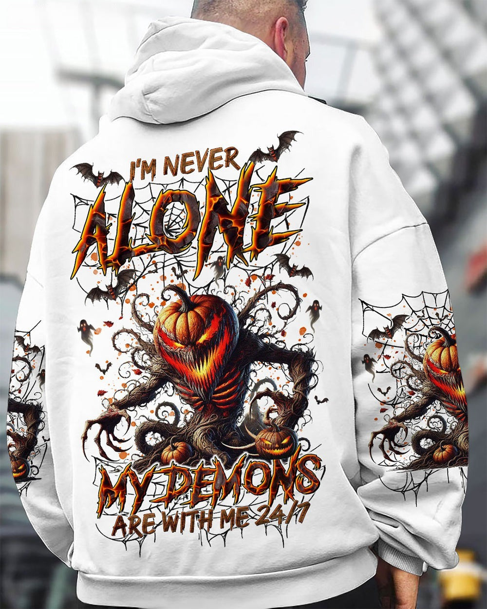 BLISSCORNERS I'M NEVER ALONE SKULL DEMON SKULL PUMPKIN HALLOWEEN ALL OVER PRINT