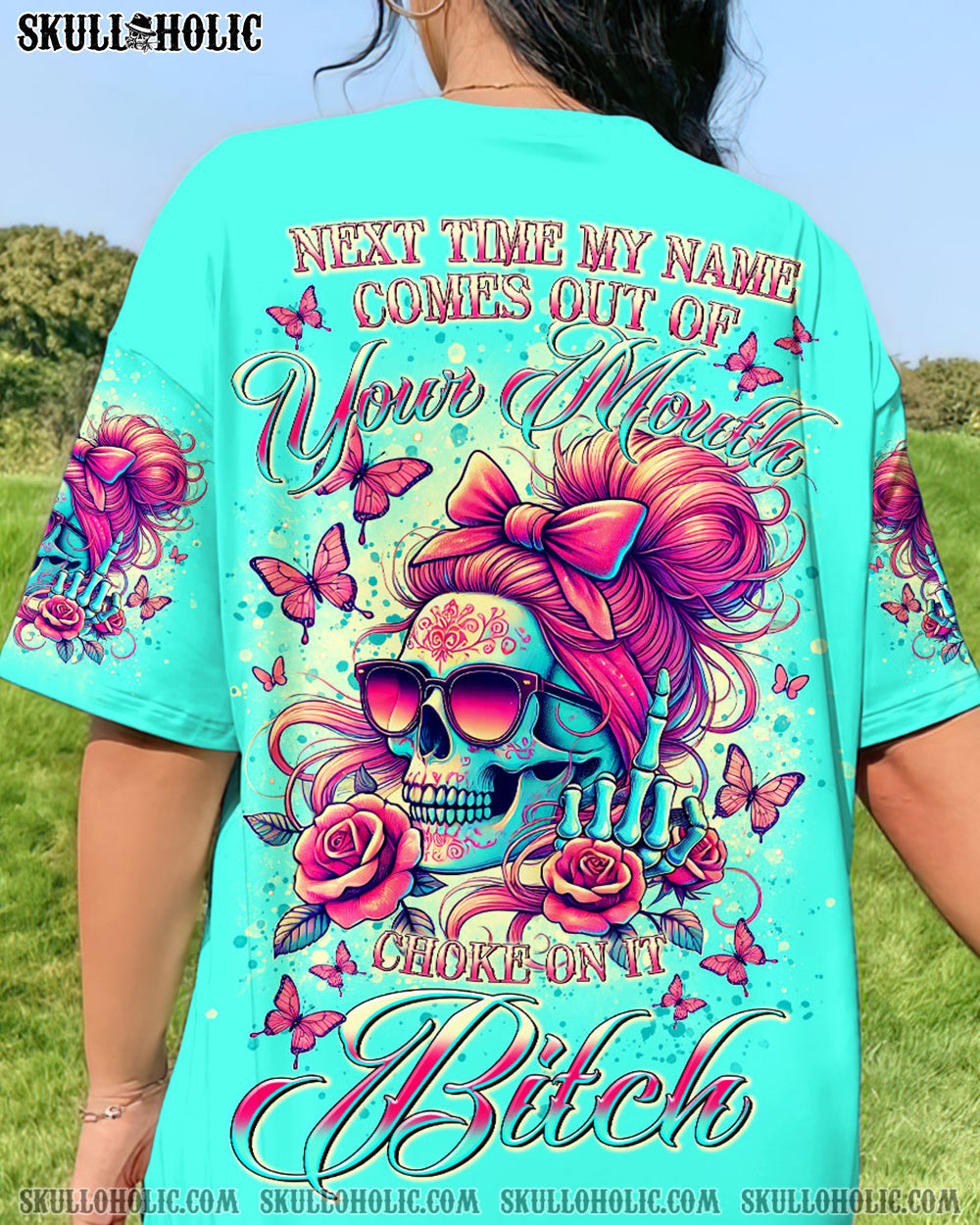 BLISSCORNERS DON'T TEST ME MESSY BUN SKULL ALL OVER PRINT