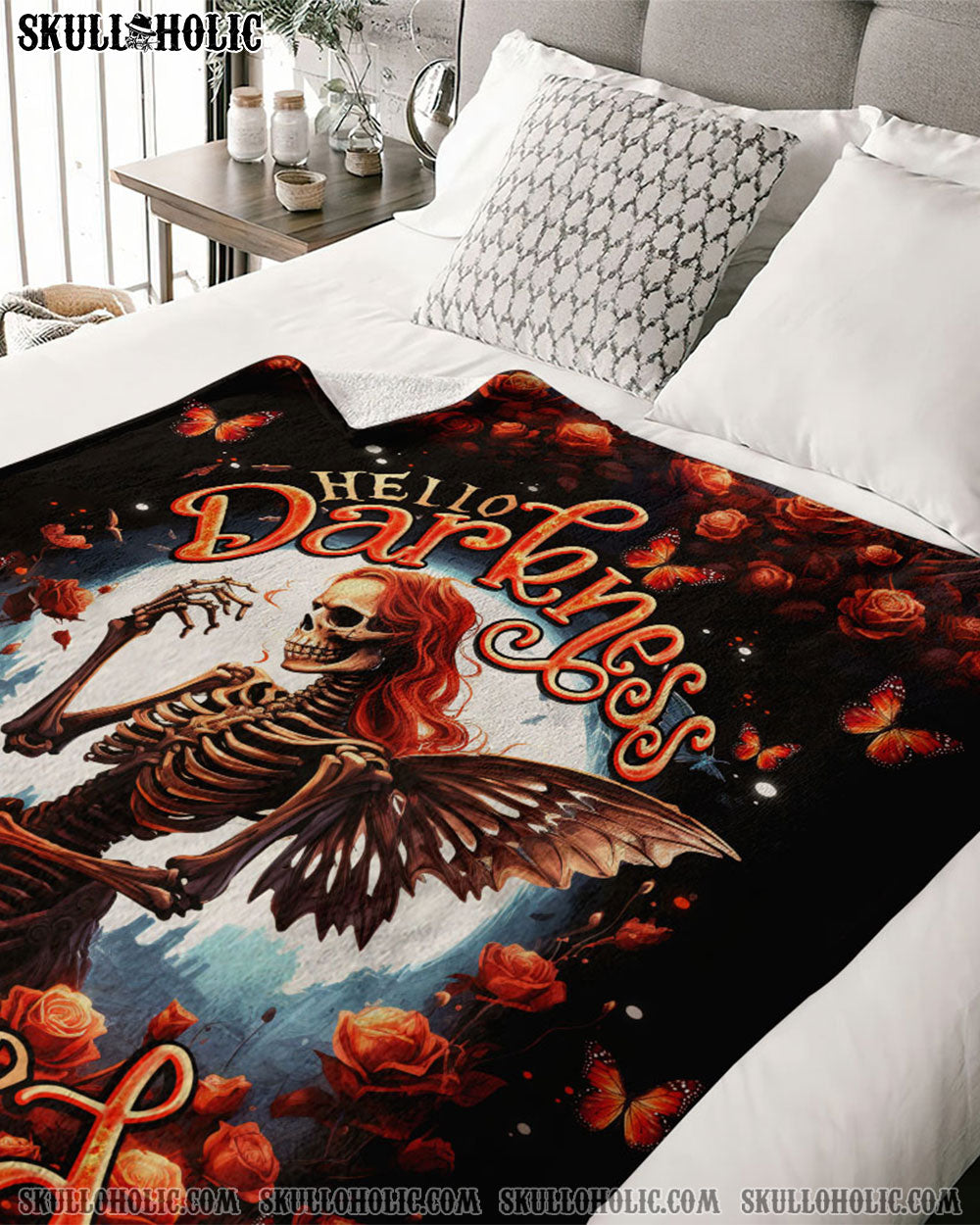 BLISSCORNERS HELLO DARKNESS MY OLD FRIEND SKELETON ROSE MOON WOVEN AND FLEECE BLANKET