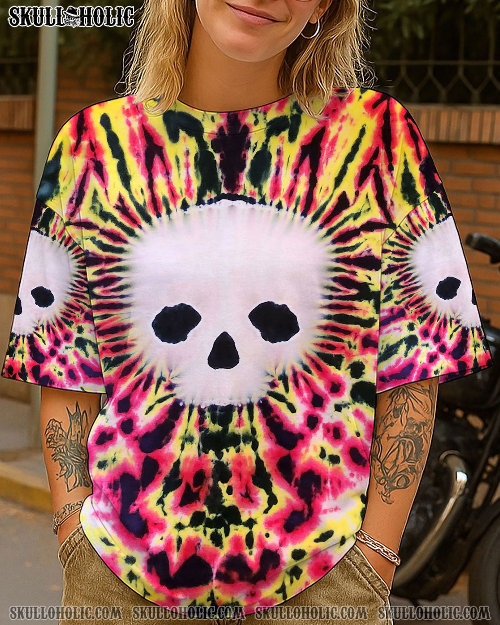 BLISSCORNERS FLAMING SKULL TIE DYE HAND DYED ALL OVER PRINT