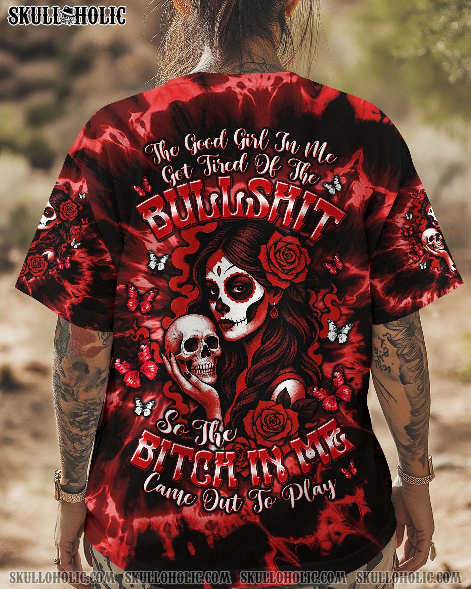 BLISSCORNERS THE GOOD GIRL IN ME SKULL LADY TIE DYE ALL OVER PRINT