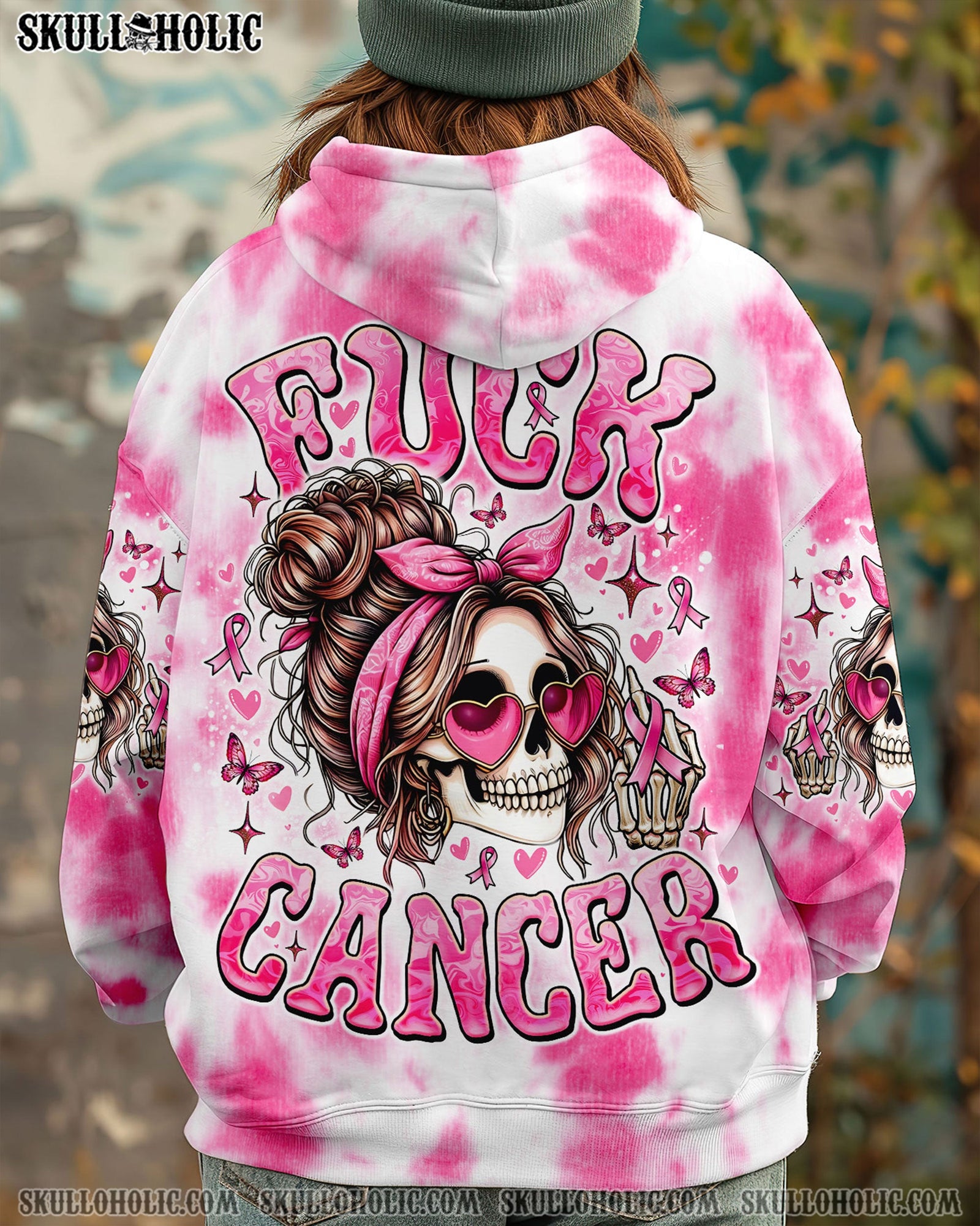 BLISSCORNERS FCK CANCER SKULL TIE DYE BREAST CANCER ALL OVER PRINT