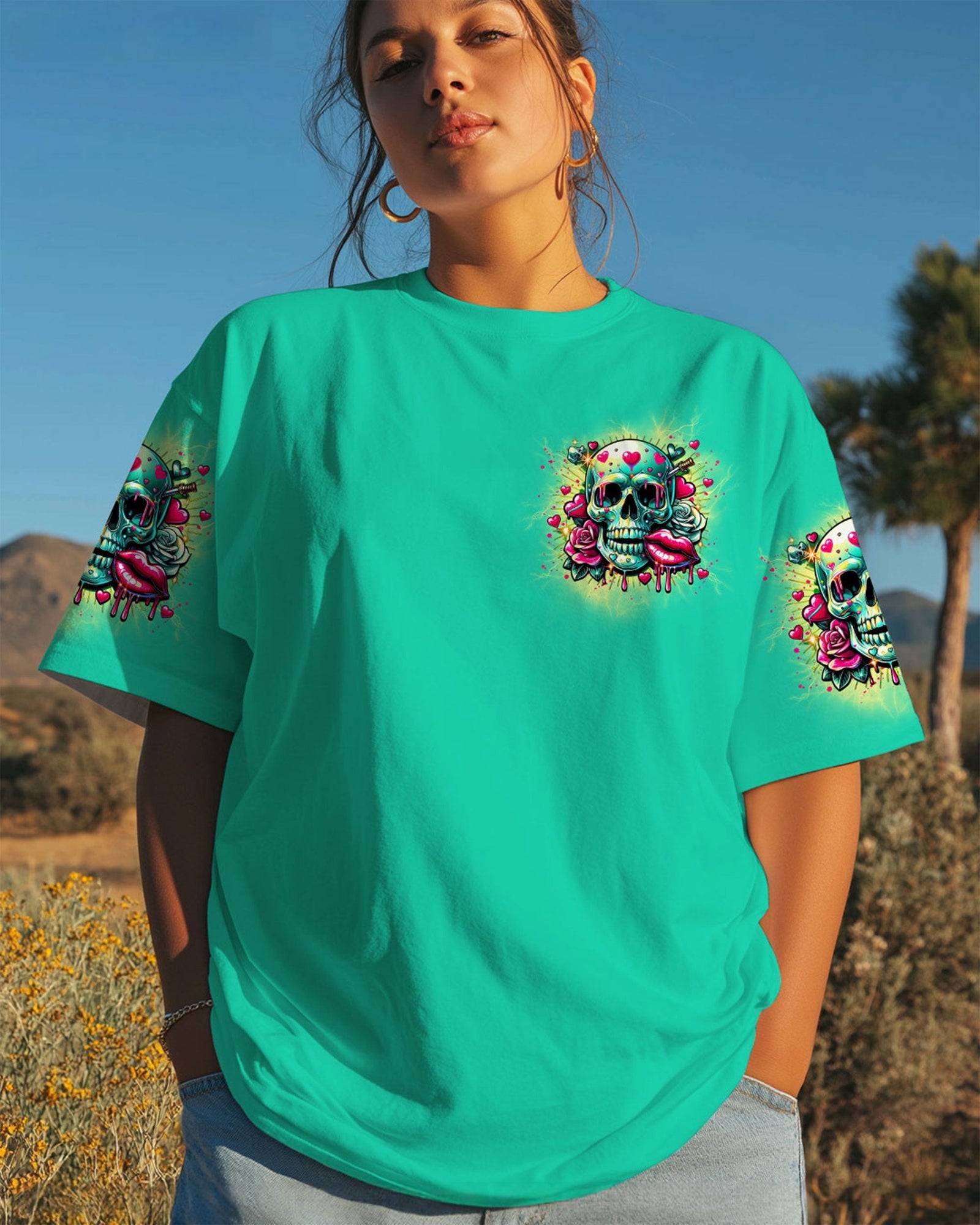 BLISSCORNERS IF YOU MESS WITH MY ANGEL MESSY BUN SKULL ALL OVER PRINT