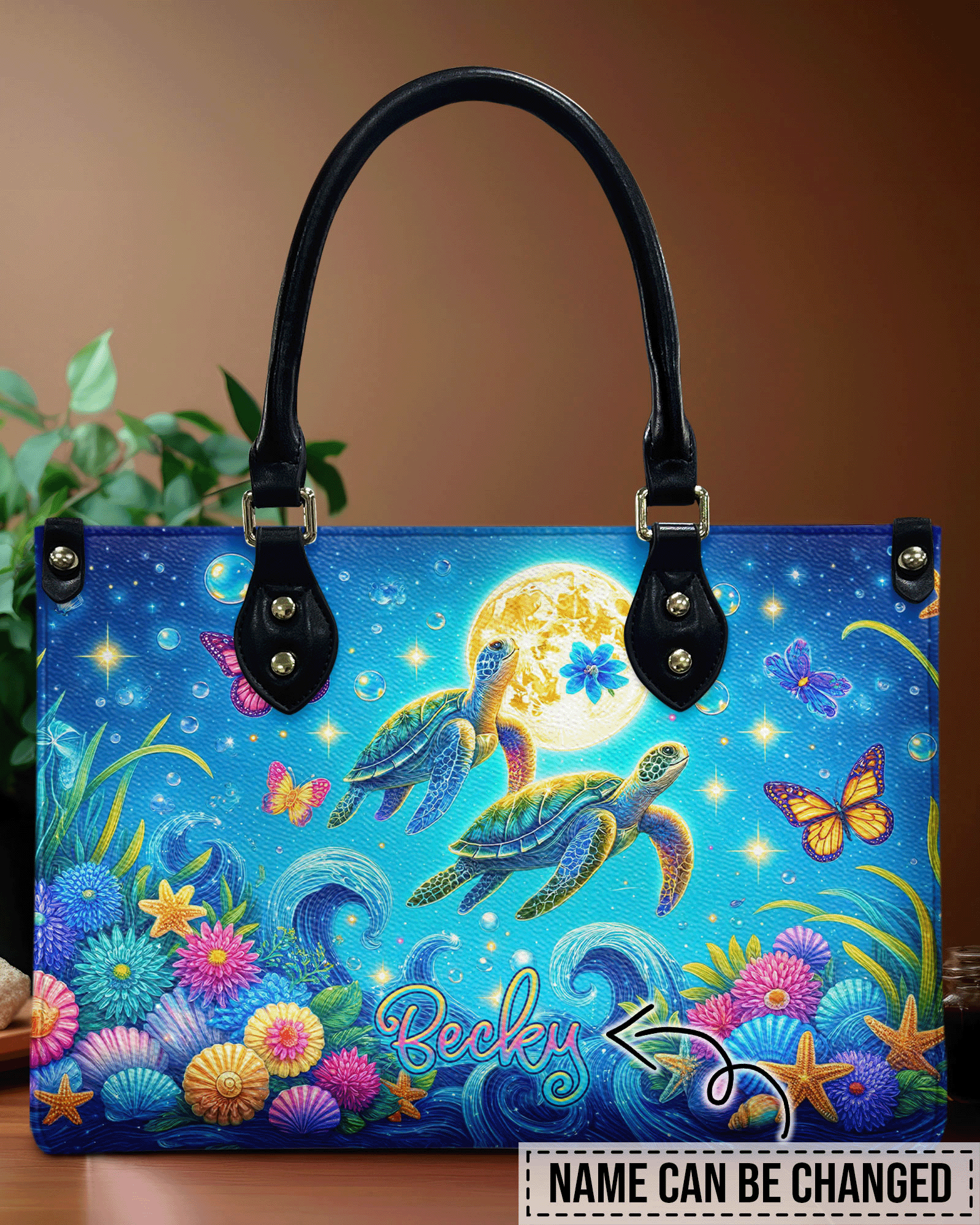 BLISSCORNERS SEA TURTLE FLORAL LEATHER HANDBAG