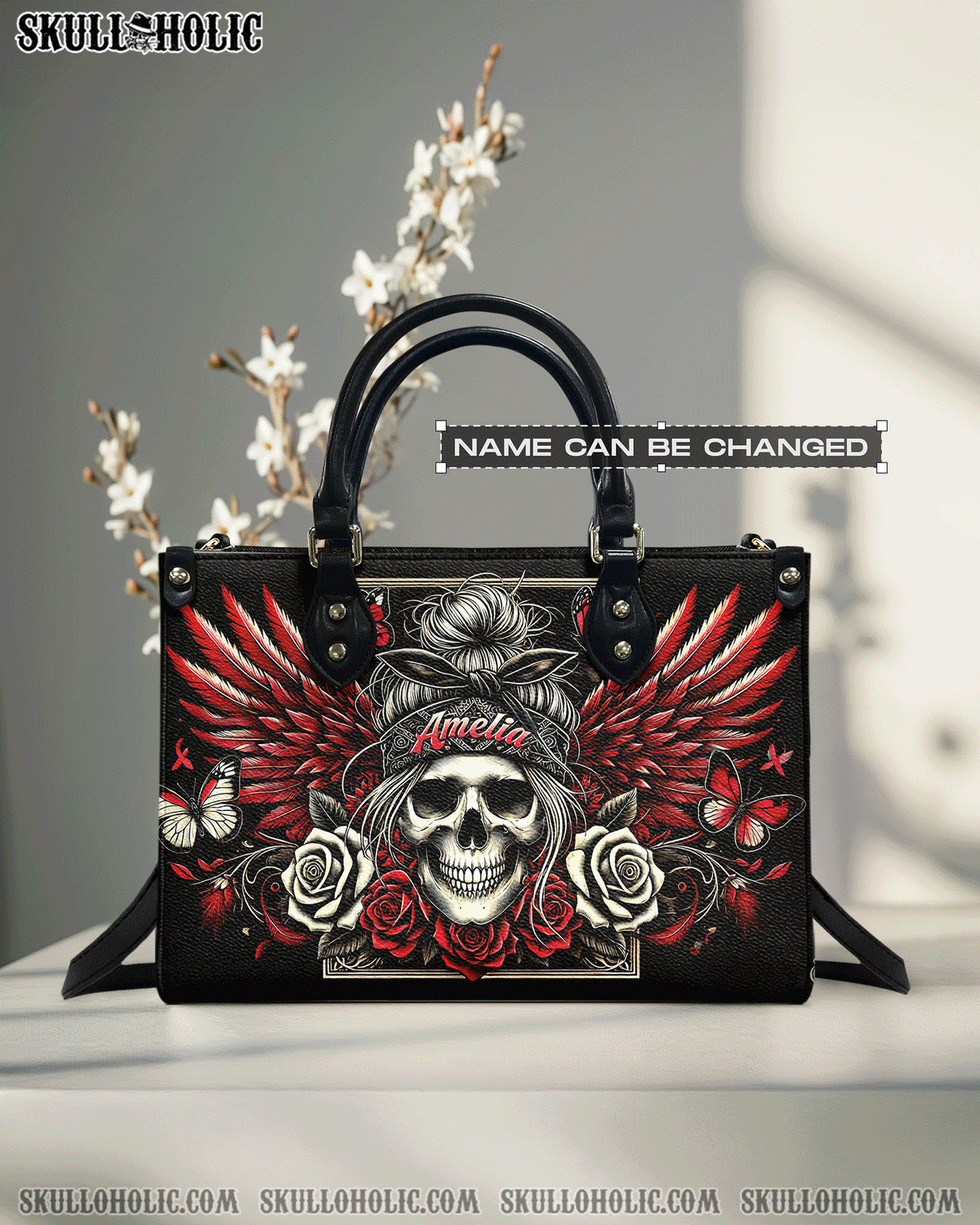 BLISSCORNERS PERSONALIZED SKULL MESSY BUN WITH WINGS LEATHER HANDBAG