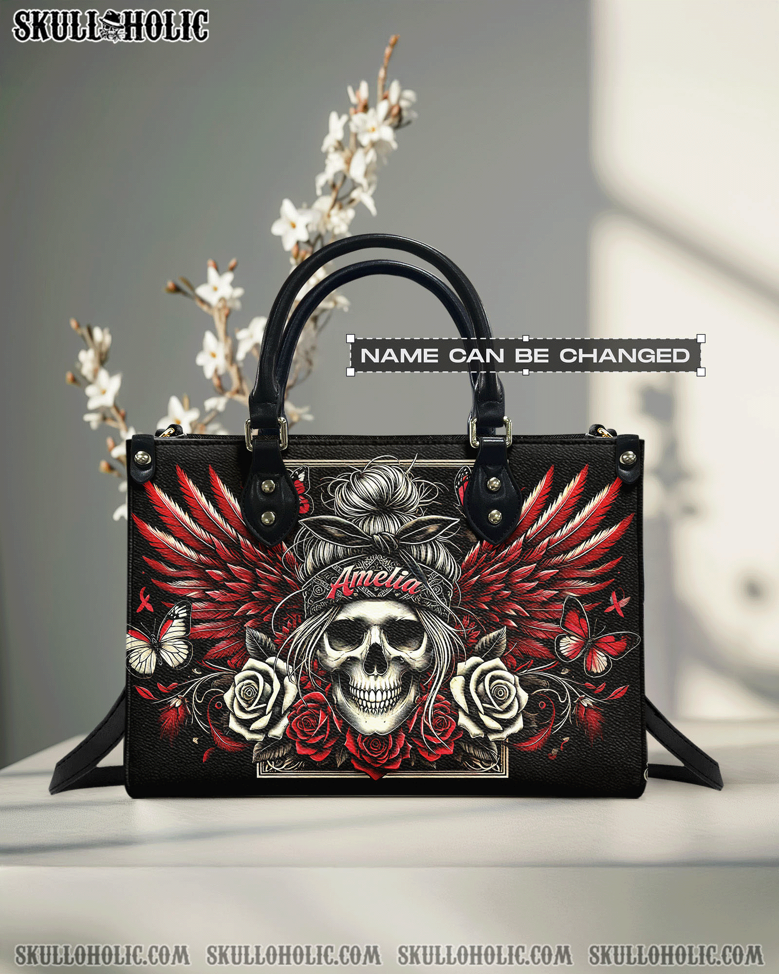 BLISSCORNERS PERSONALIZED SKULL MESSY BUN WITH WINGS LEATHER HANDBAG