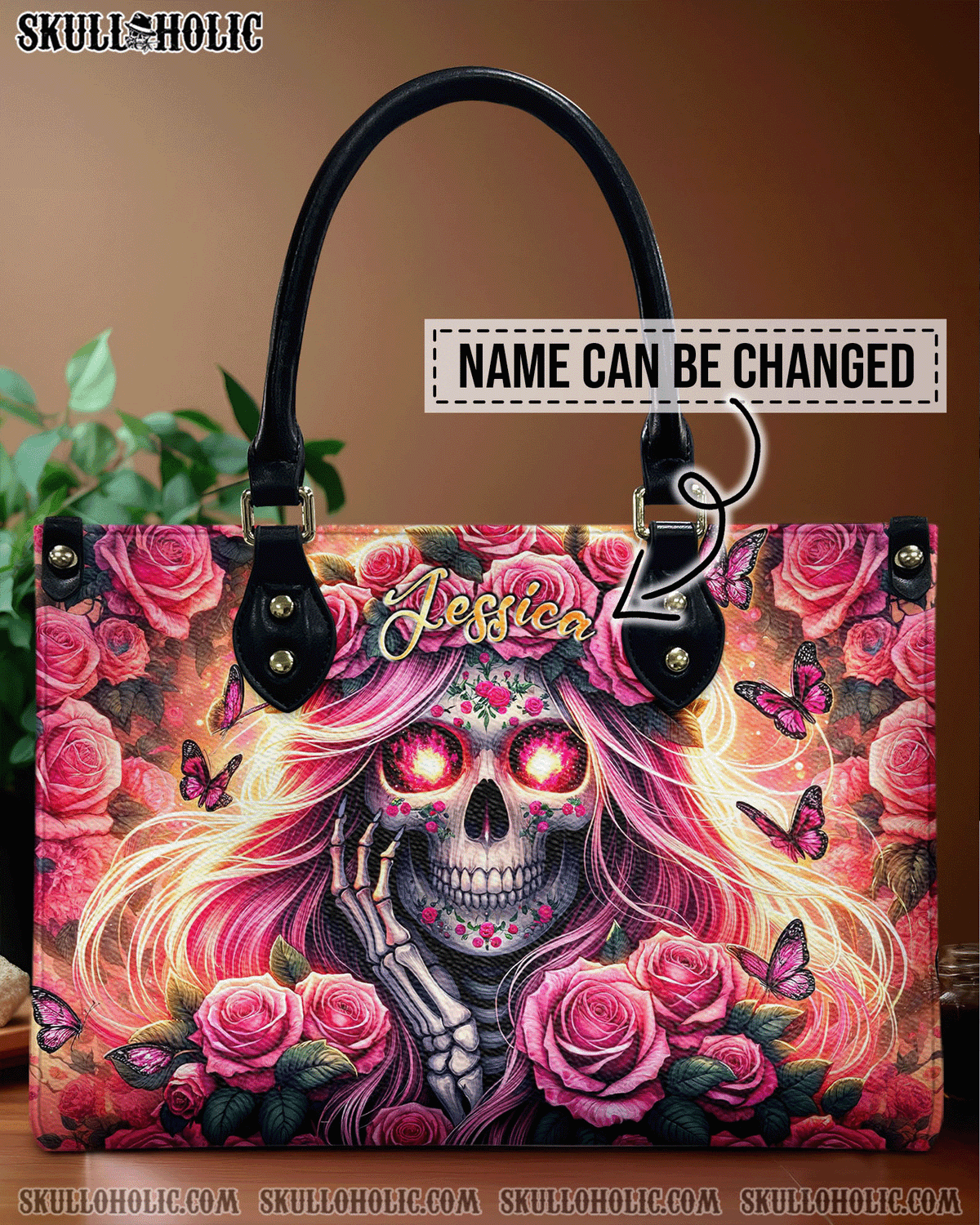 BLISSCORNERS SKULL LADY WITH ROSE LEATHER HANDBAG