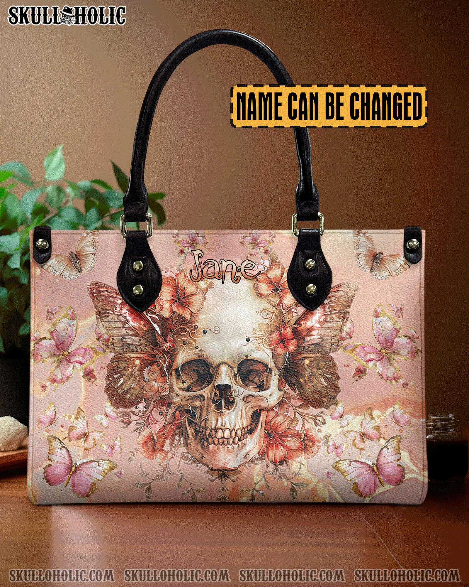 BLISSCORNERS SKULL PINK GOLD LEATHER HANDBAG