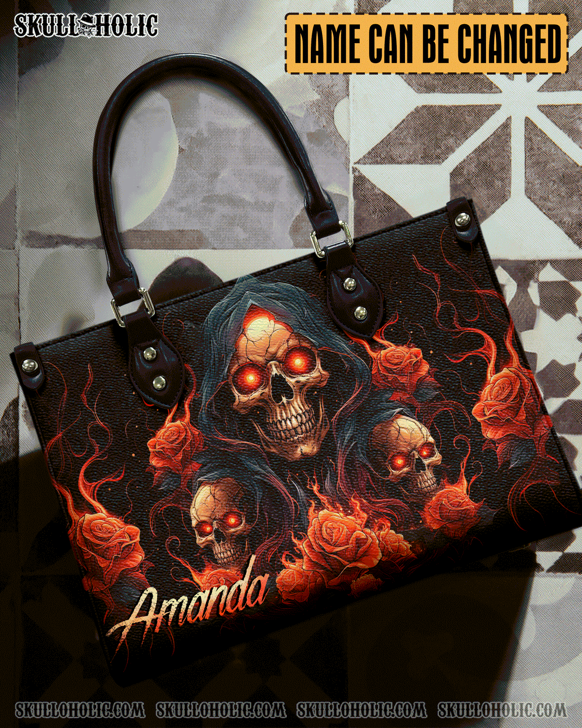 BLISSCORNERS SKULL ROSES FIRE LEATHER HANDBAG