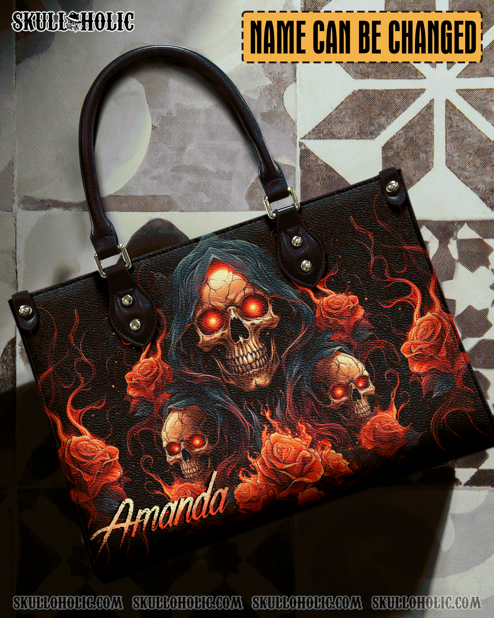 BLISSCORNERS SKULL ROSES FIRE LEATHER HANDBAG