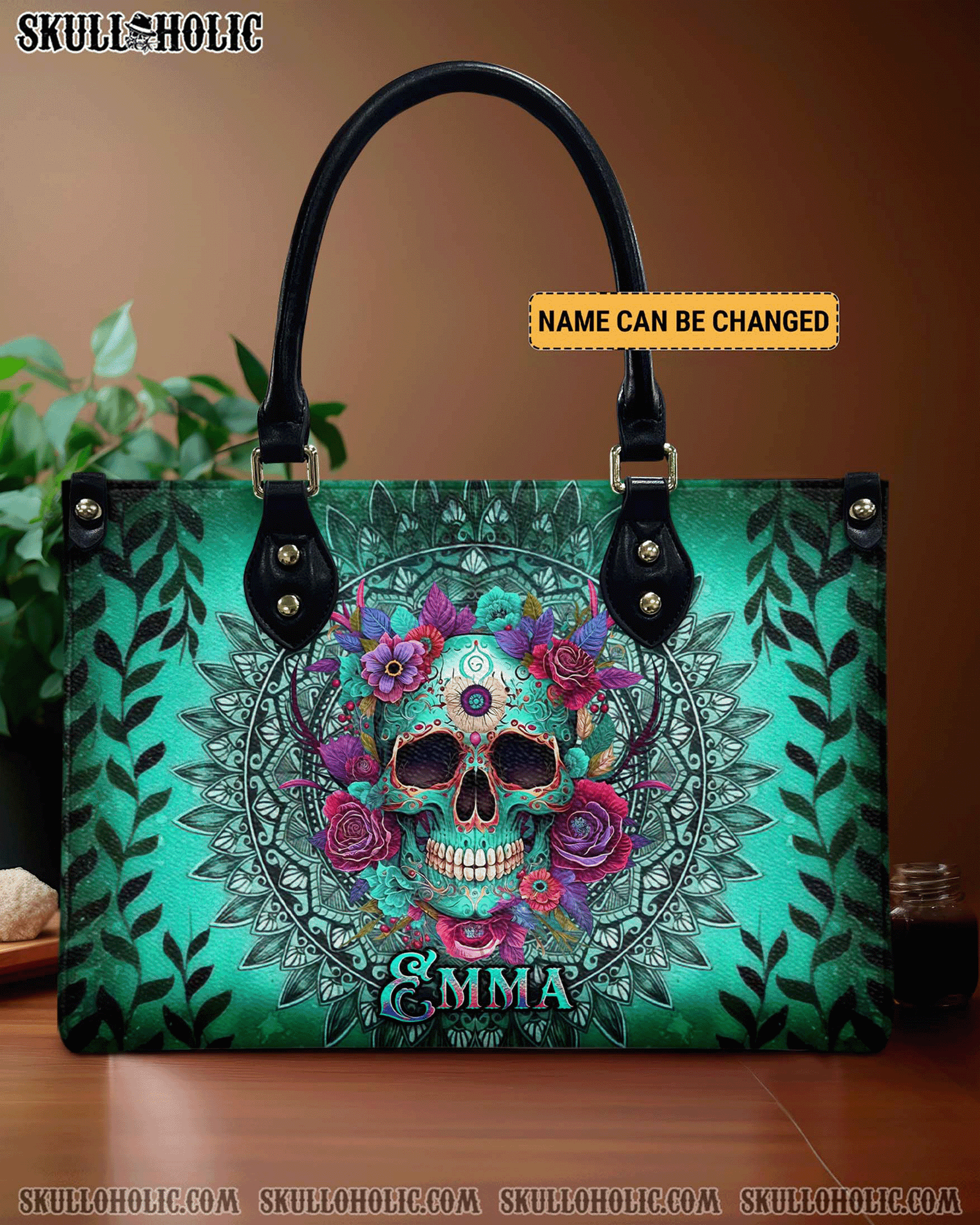 BLISSCORNERS SKULL FLOWERS MANDALA LEATHER HANDBAG
