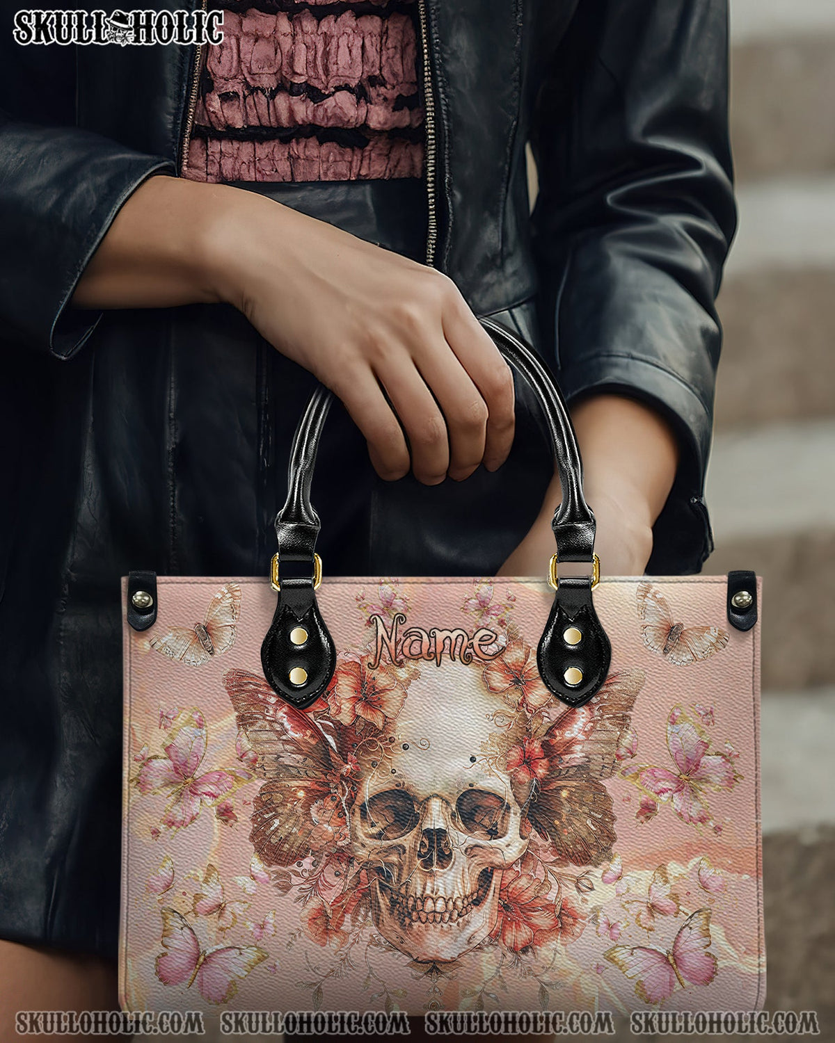 BLISSCORNERS SKULL PINK GOLD LEATHER HANDBAG