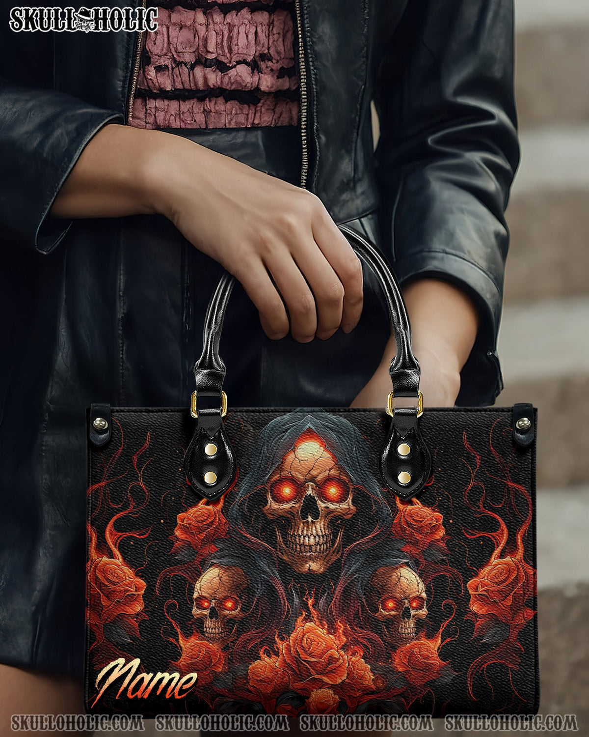 BLISSCORNERS SKULL ROSES FIRE LEATHER HANDBAG