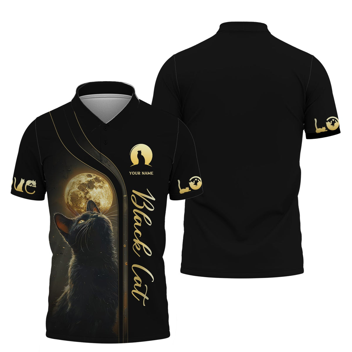 Blisscorners 3D Full Print Black Cat With Mysterious Moon T-Shirts Personalized Name Gift For Cat Lovers