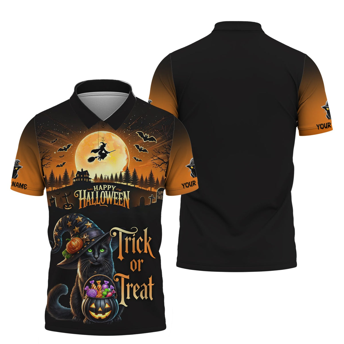 Blisscorners Black Cat Halloween Custom Name 3D Shirt Trick Or Treat Shirts Gift For Halloween Lovers