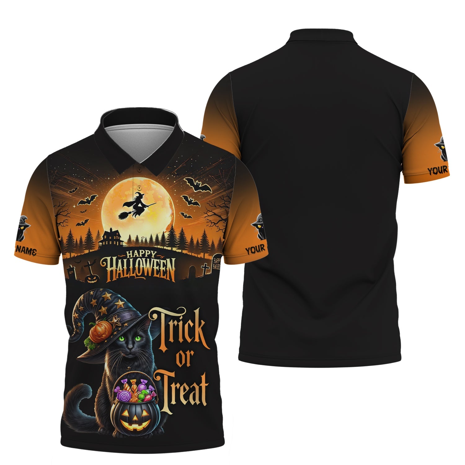 Blisscorners Black Cat Halloween Custom Name 3D Shirt Trick Or Treat Shirts Gift For Halloween Lovers
