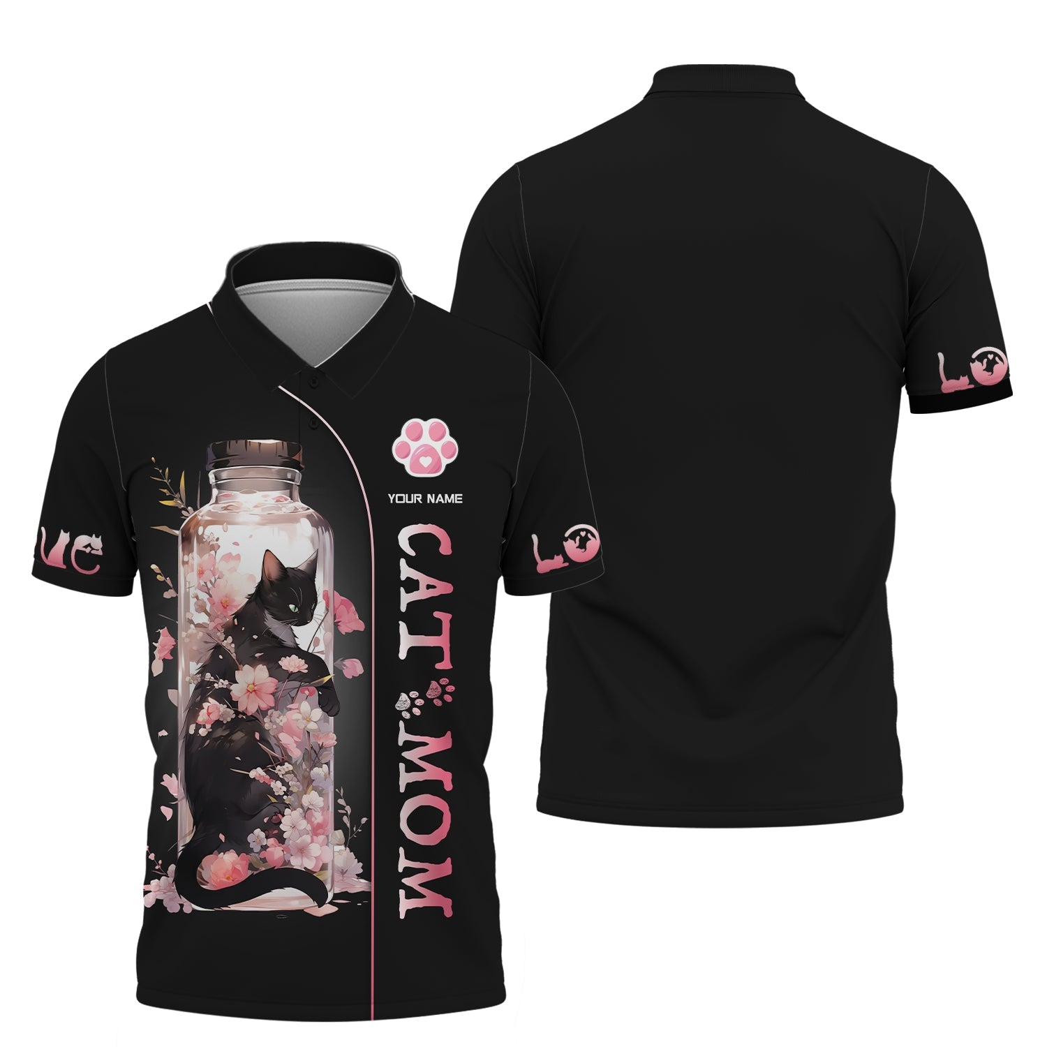 Blisscorners Black Cat In Cherry Blossom Jar Custom Name Cat Mom 3D Shirt Gift For Cat Lovers