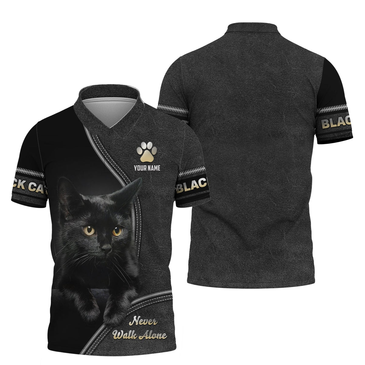 Blisscorners Custom Black Cat T-Shirt Never Walk Alone  Personalized Name Gift For Cat Lovers