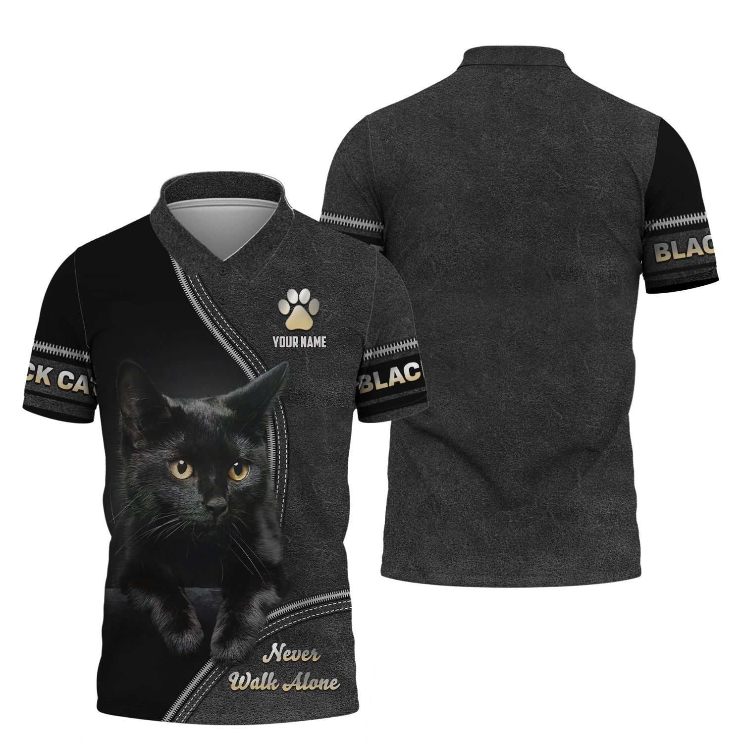 Blisscorners Custom Black Cat T-Shirt Never Walk Alone  Personalized Name Gift For Cat Lovers