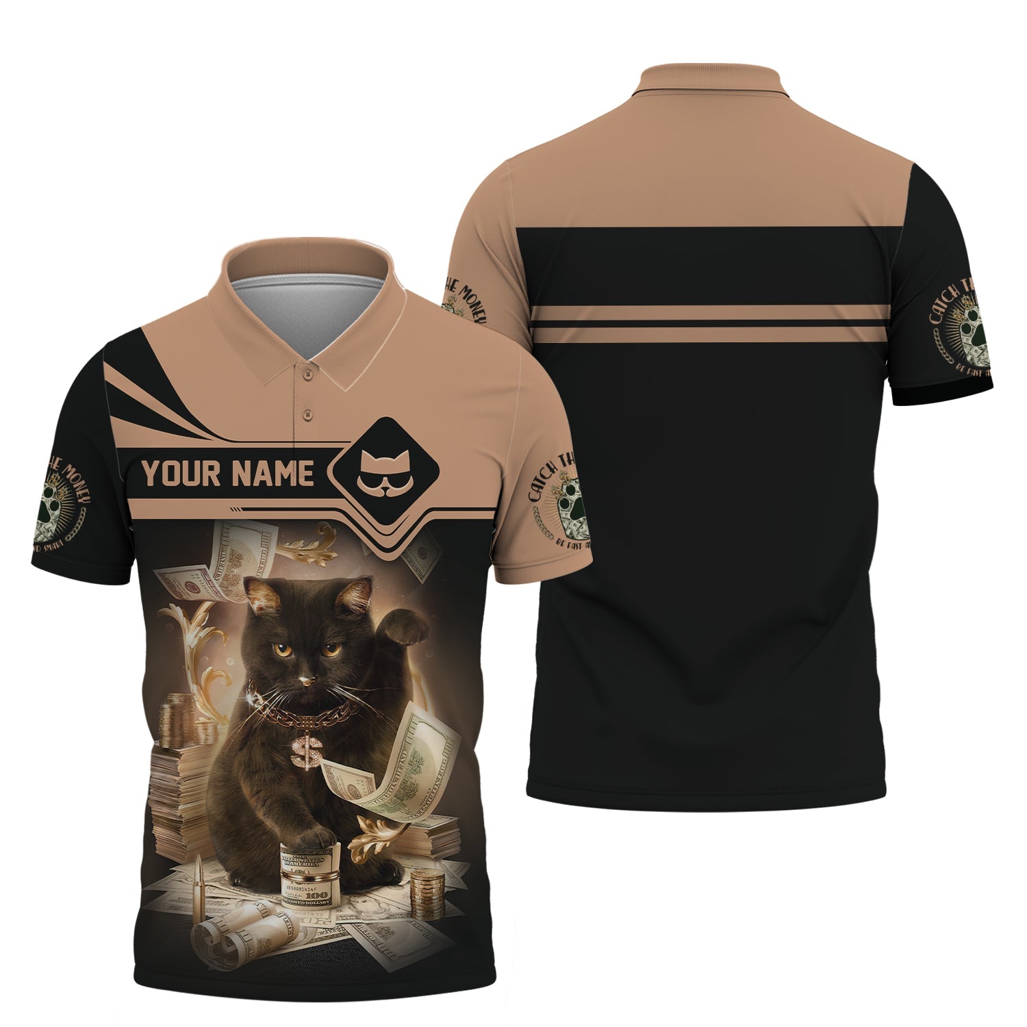Blisscorners Lucky Black Cat Money Dollar Custom Name 3D Shirt Gift For Cat Lovers