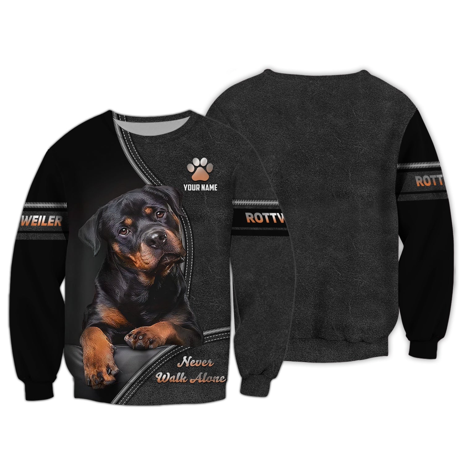 Blisscorners Rottweiler Custom Name Zipper Hoodie Never Walk Alone Gift For Dog Lover 3D Shirts