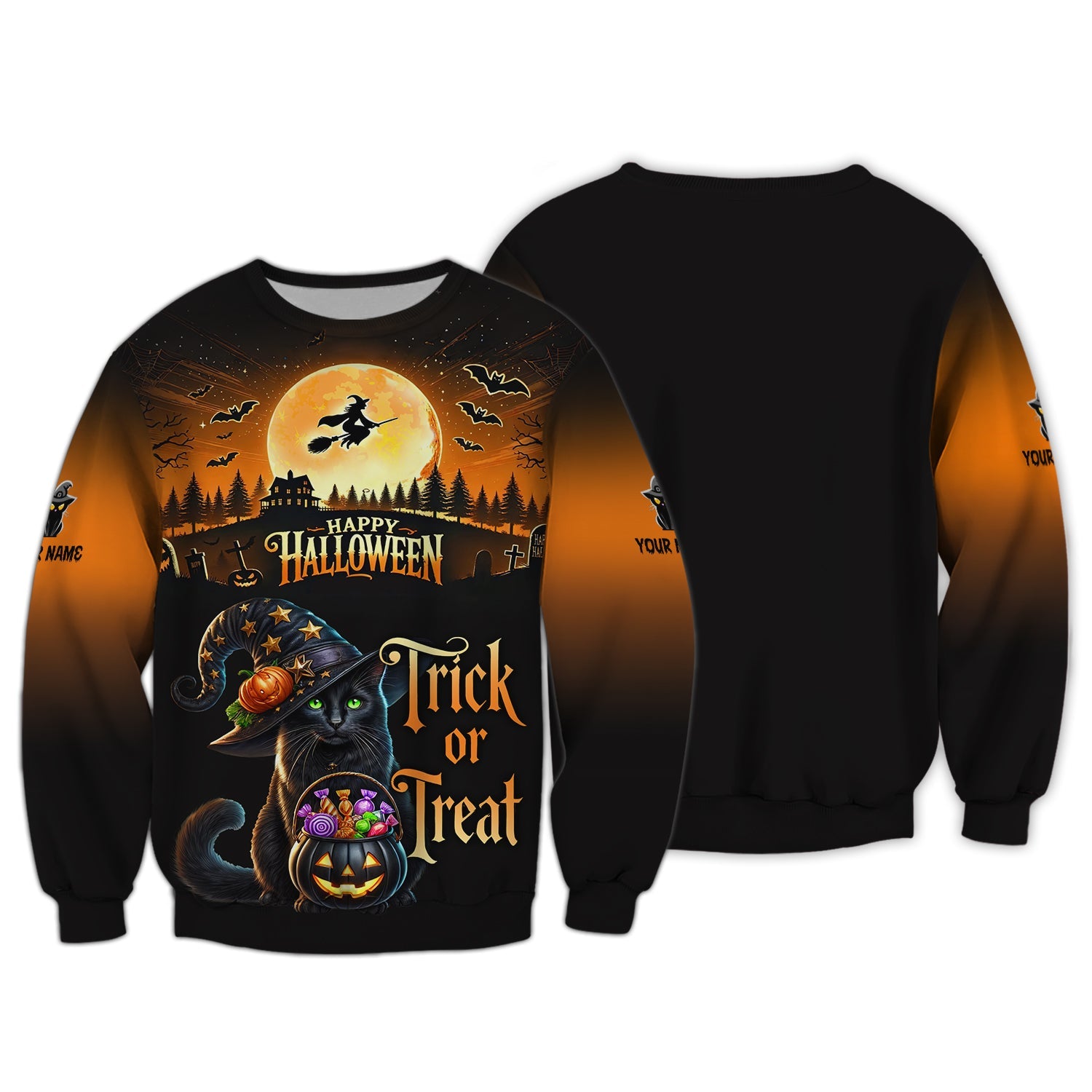 Blisscorners Black Cat Halloween Custom Name 3D Shirt Trick Or Treat Shirts Gift For Halloween Lovers