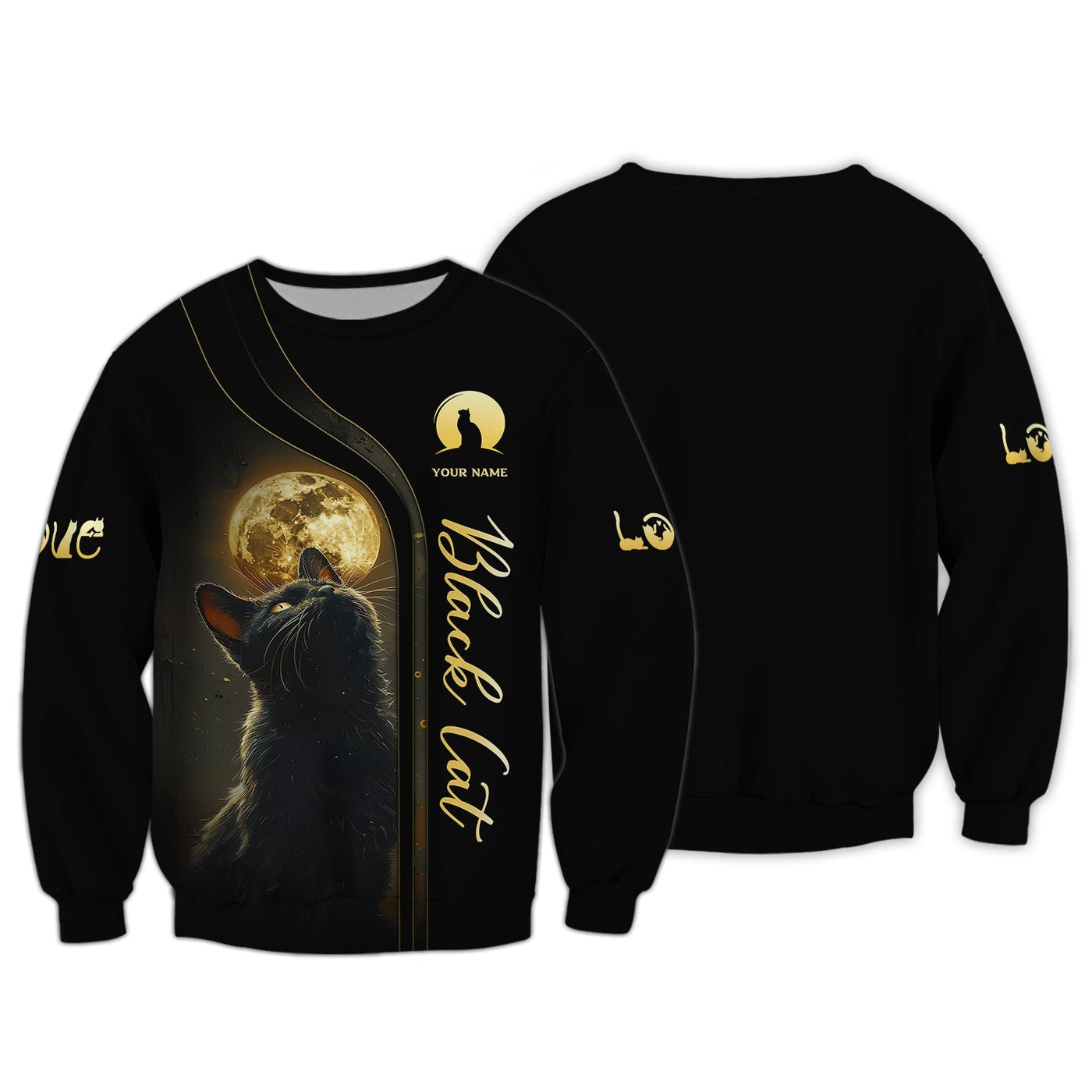 Blisscorners 3D Full Print Black Cat With Mysterious Moon T-Shirts Personalized Name Gift For Cat Lovers