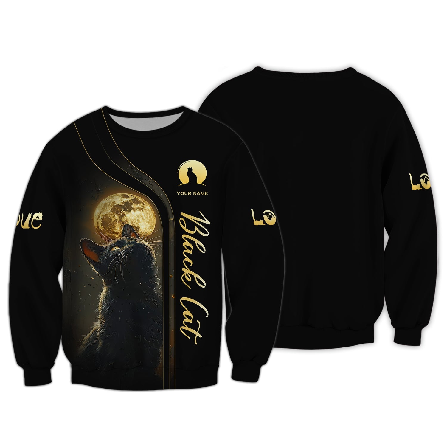 Blisscorners 3D Full Print Black Cat With Mysterious Moon T-Shirts Personalized Name Gift For Cat Lovers