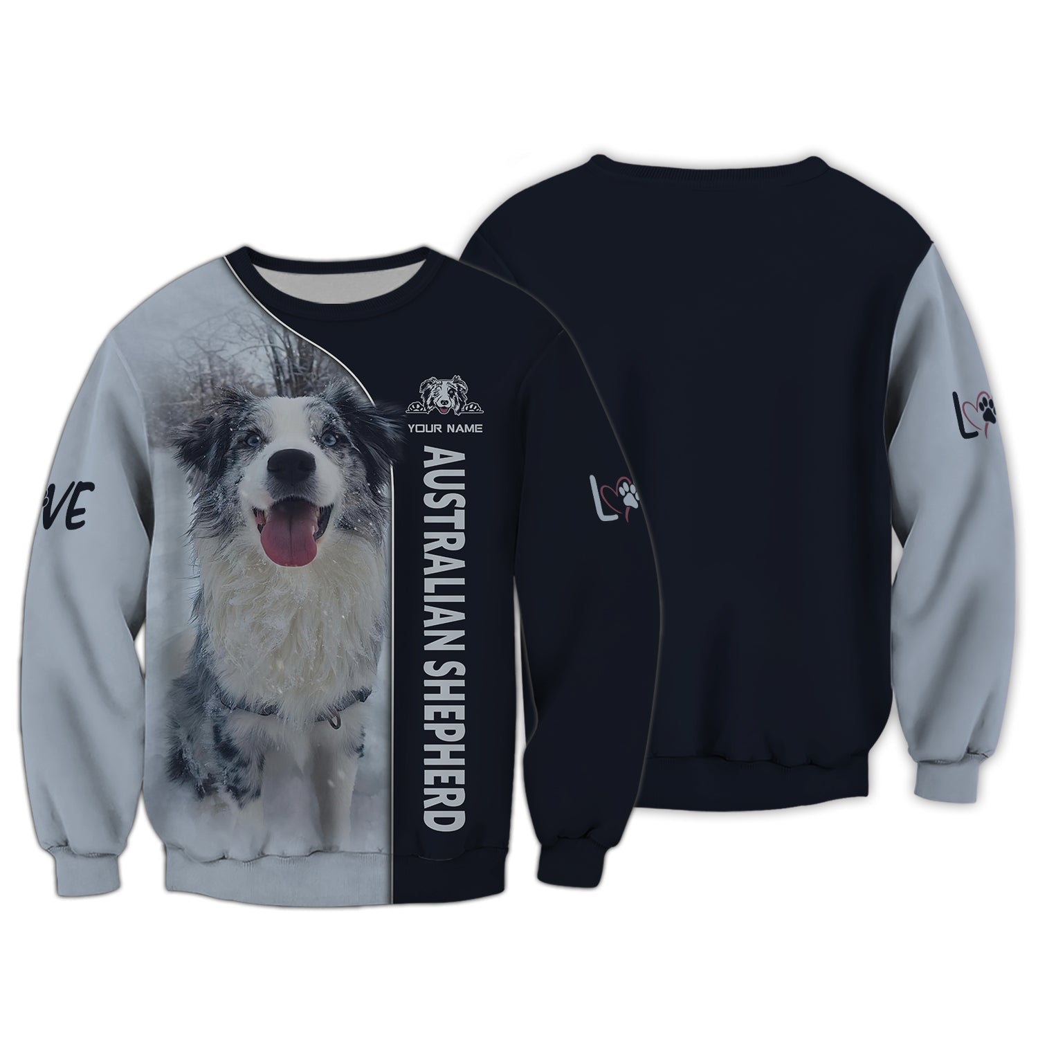Blisscorners Australian Shepherd Custom Name 3D Zipper Hoodie Gift For Dog Lovers