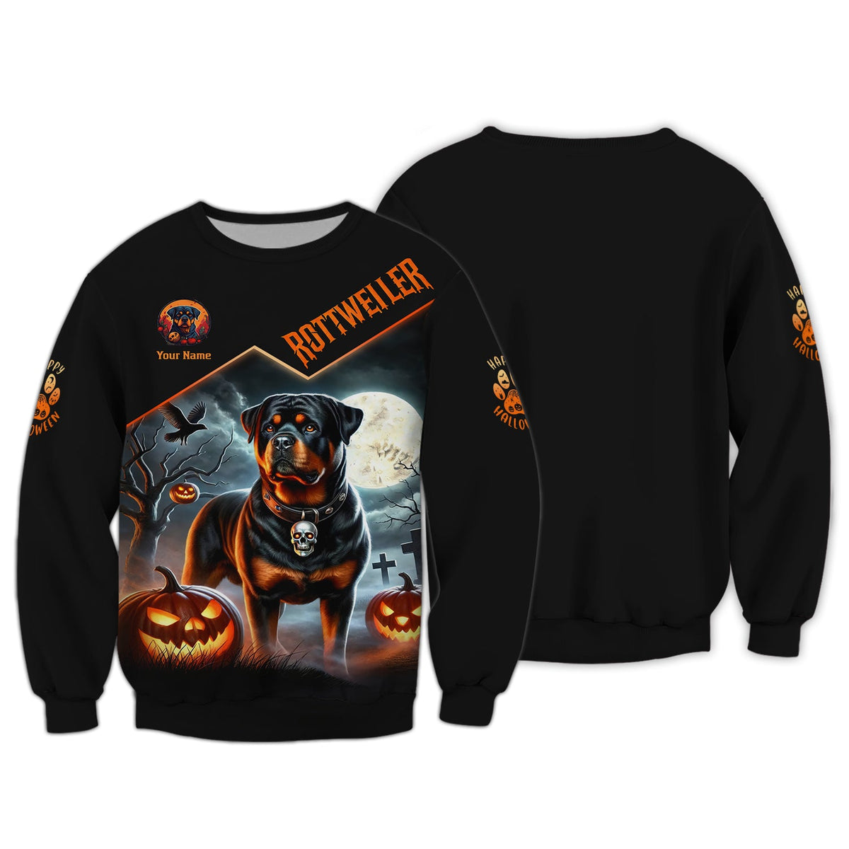 Blisscorners Happy Halloween Custom Name 3D T-Shirts Rottweiler With Pumpkin Halloween Shirt