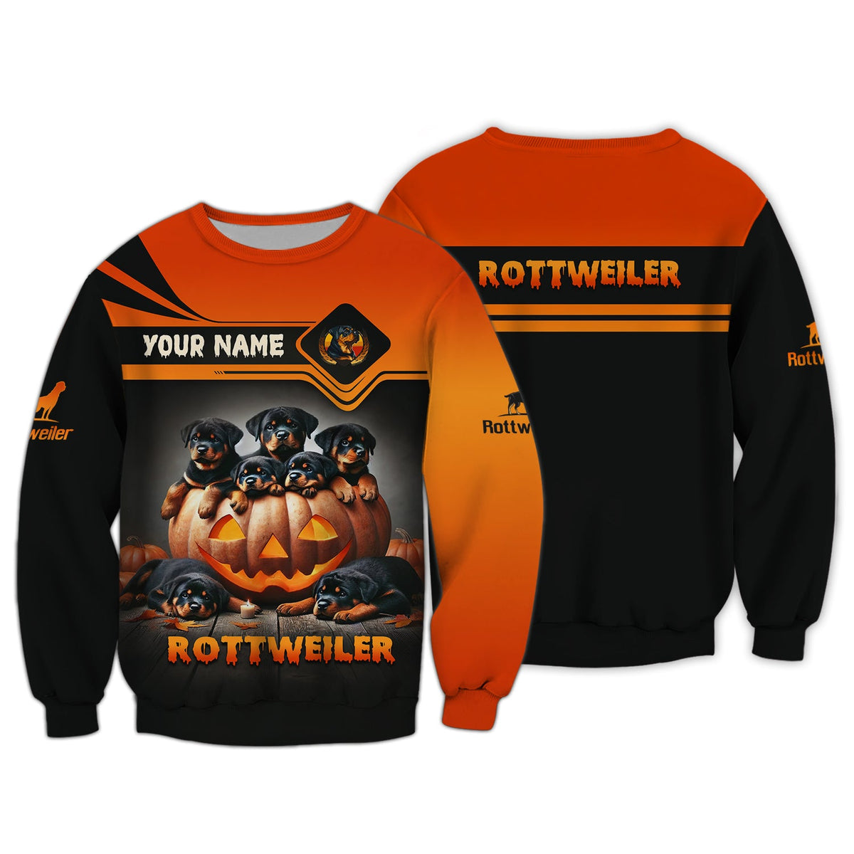 Blisscorners Happy Halloween Custom Name 3D T-Shirts Rottweilers With Pumpkin Halloween Shirt