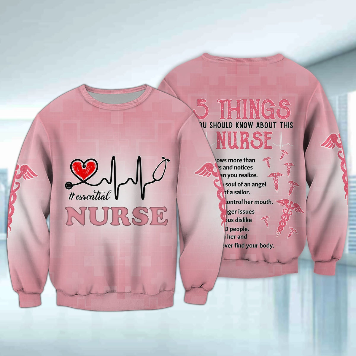 Blisscorners Nurse Essential Heartbeat Pink 3D Sweatshirt Hoodie Bomber, Idea Gift for Nurse Christmas