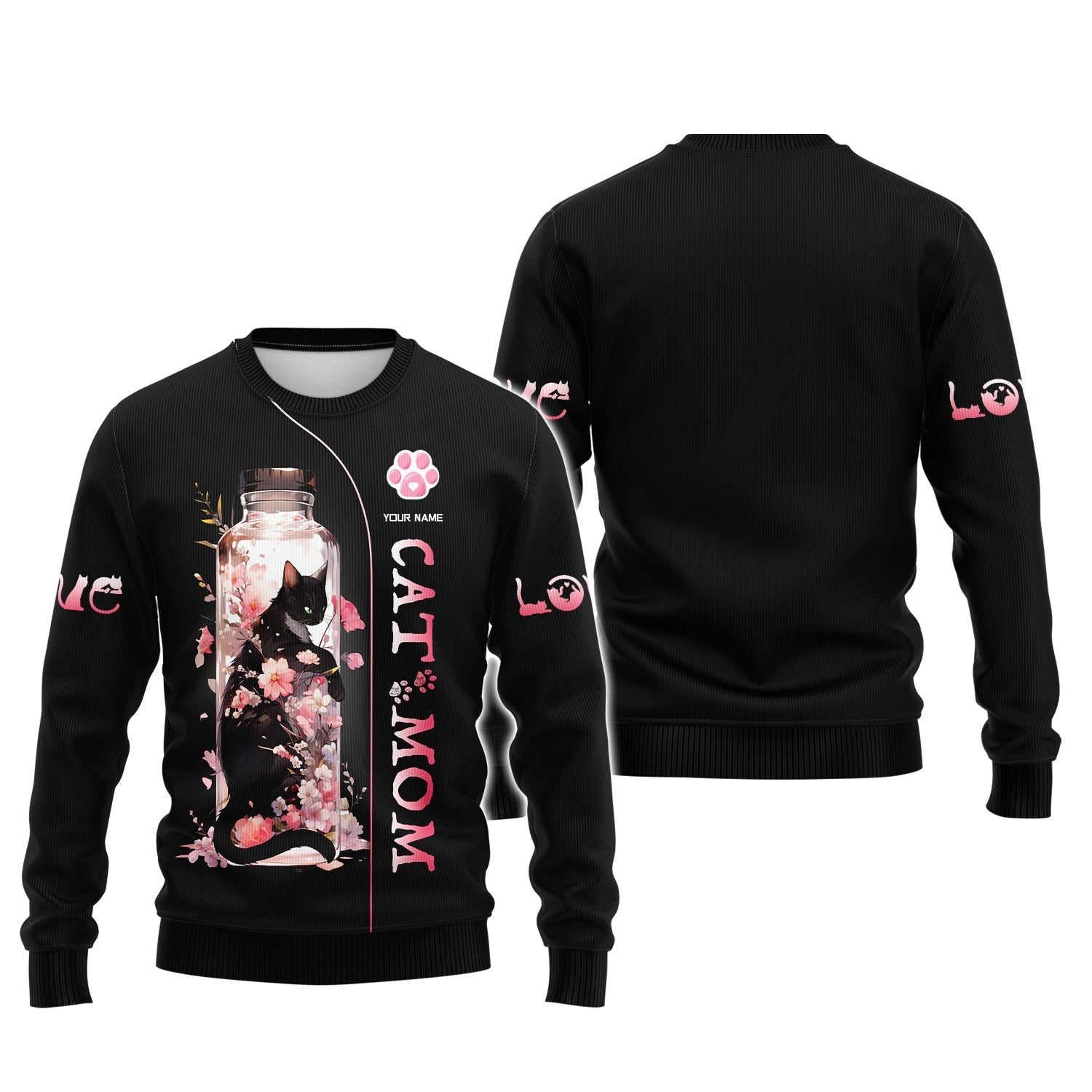 Blisscorners Black Cat In Cherry Blossom Jar Custom Name Cat Mom 3D Shirt Gift For Cat Lovers