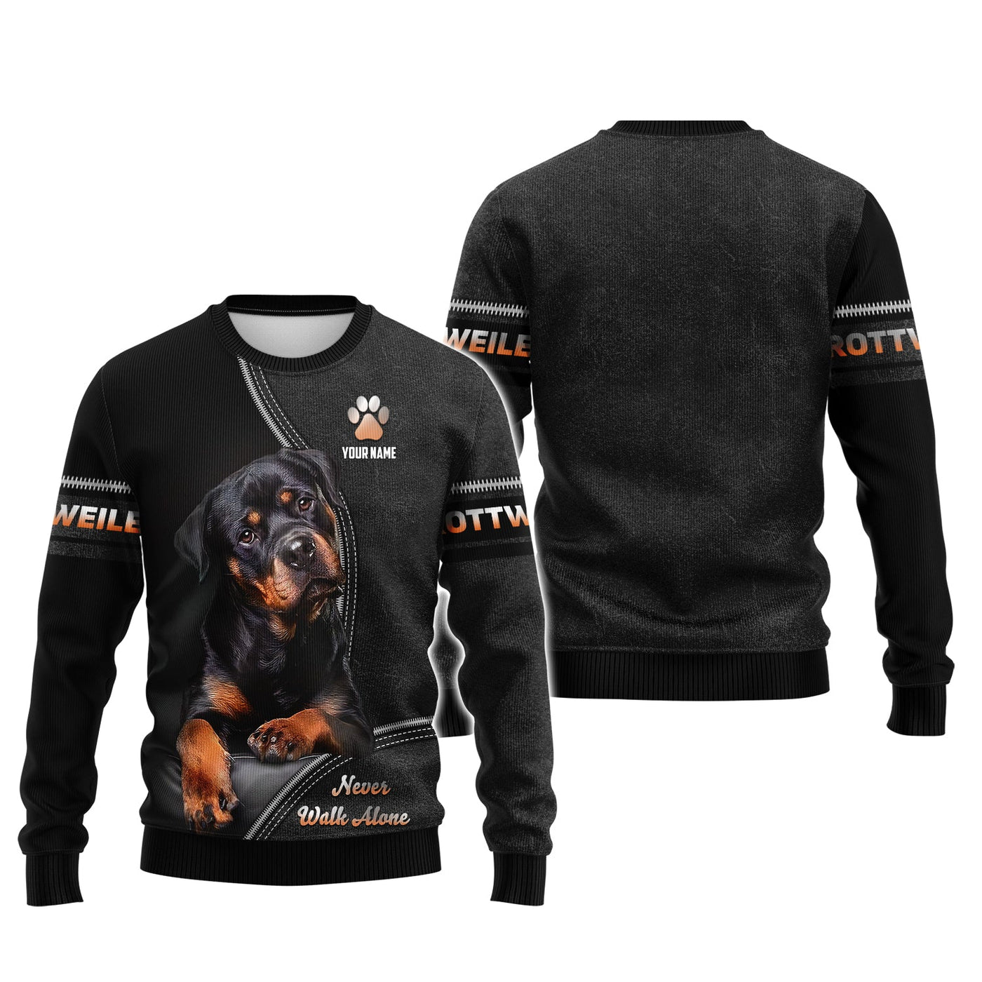 Blisscorners Rottweiler Custom Name Zipper Hoodie Never Walk Alone Gift For Dog Lover 3D Shirts