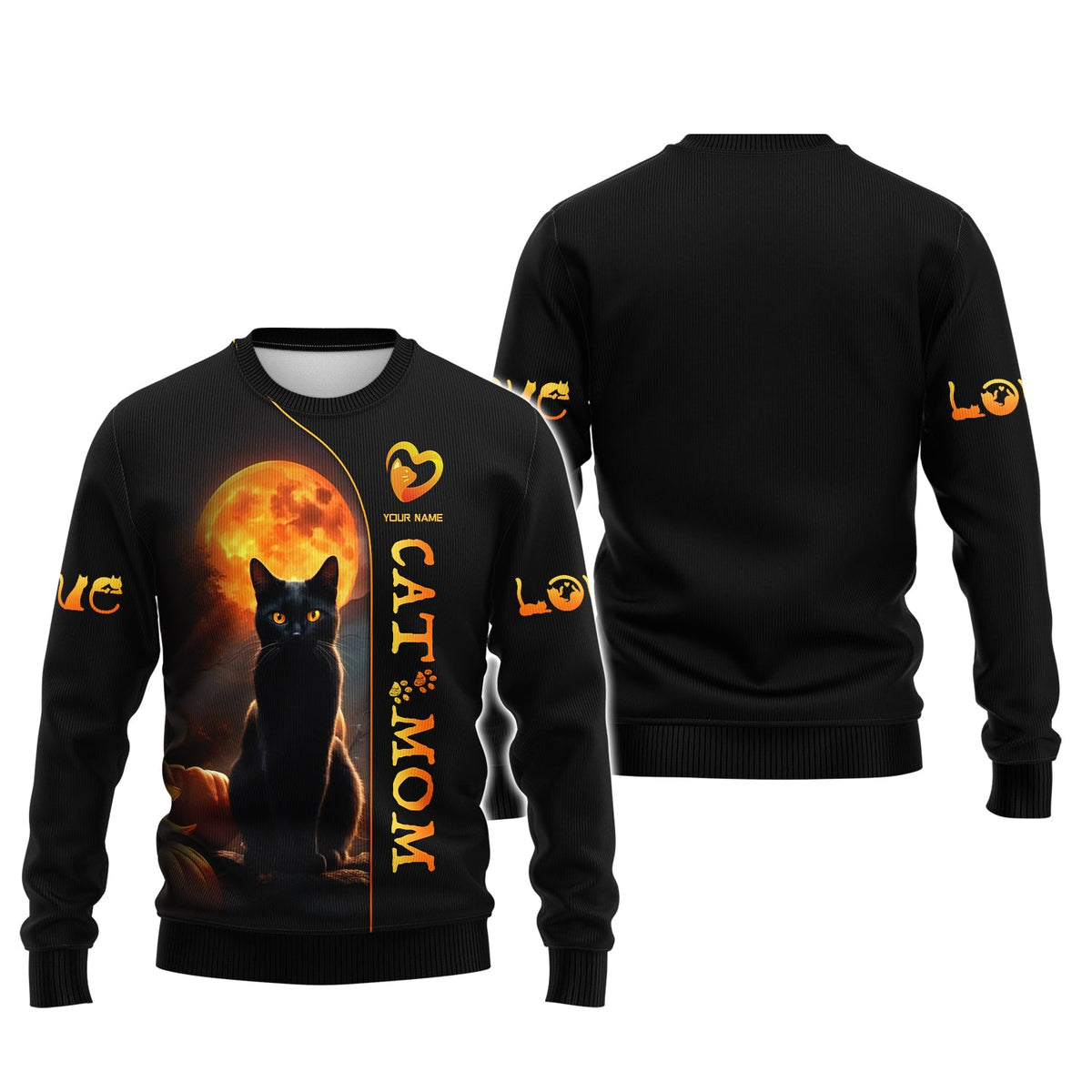 Blisscorners Black Cat With Moon Custom Name Cat Mom 3D Zipper Hoodie Gift For Cat Lovers