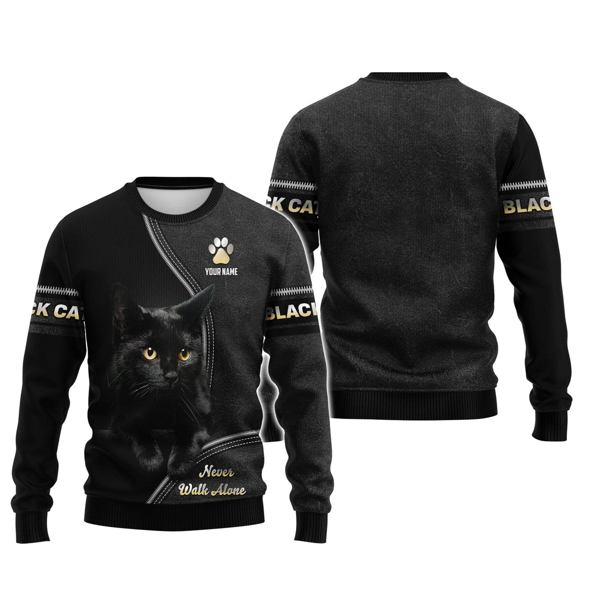 Blisscorners Custom Black Cat T-Shirt Never Walk Alone  Personalized Name Gift For Cat Lovers