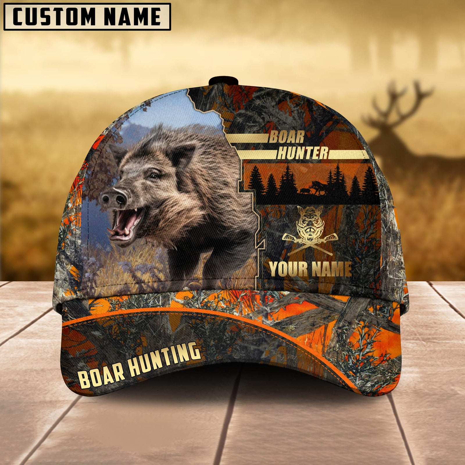 Blisscorners Boar Hunting Forest Pattern Multicolor Personalized Name 3D Cap (2 colors)