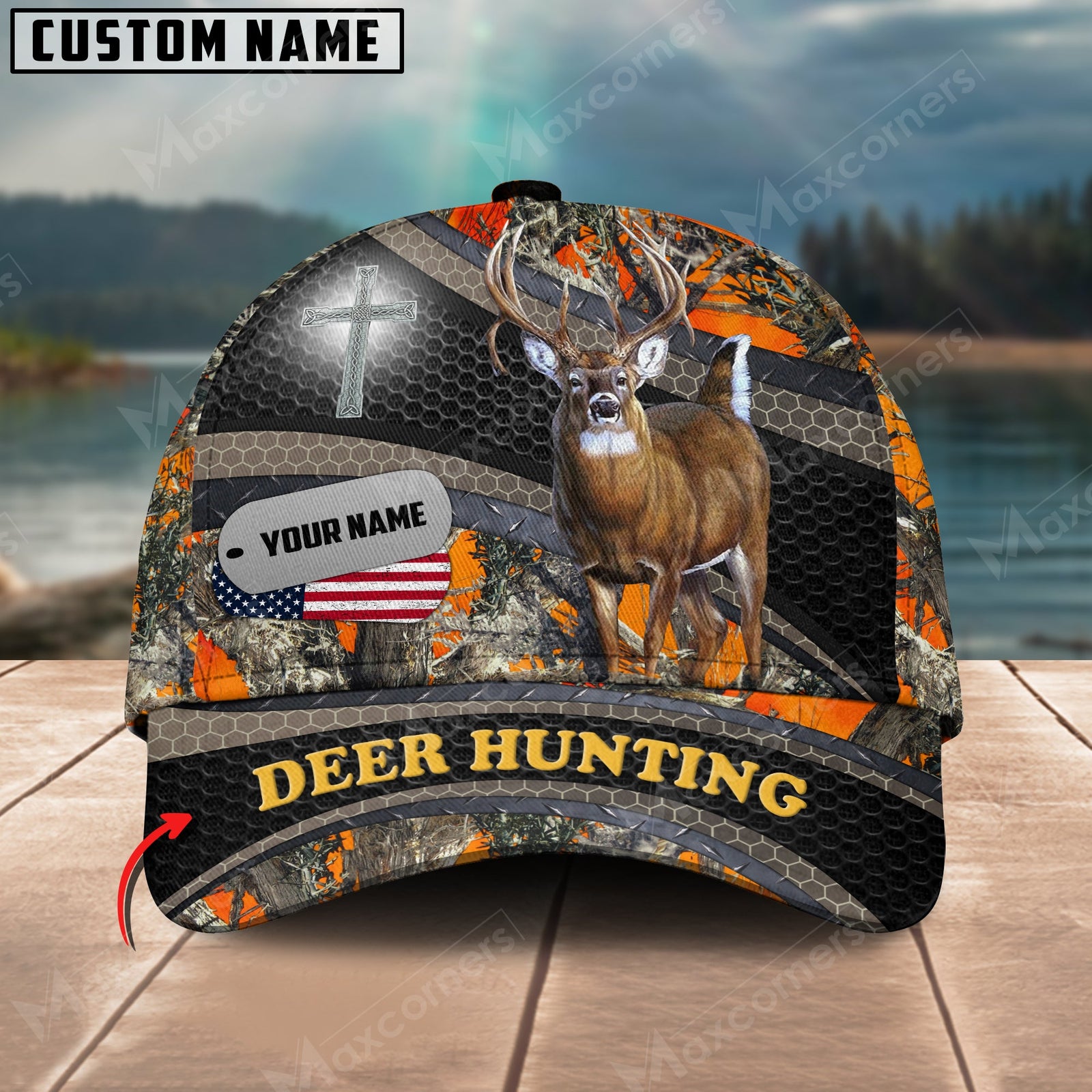 Blisscorners Deer Hunting Cross With USA Flag Camo Pattern Multicolor Personalized Name 3D Cap
