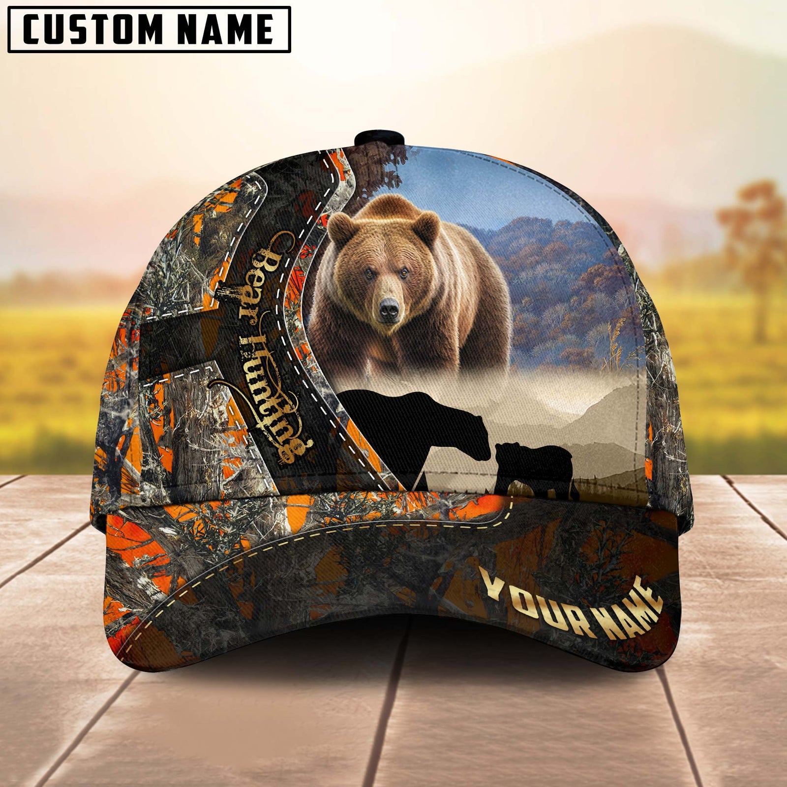 Blisscorners Bear Hunting Orange Camouflage Multicolor Personalized Name 3D Cap