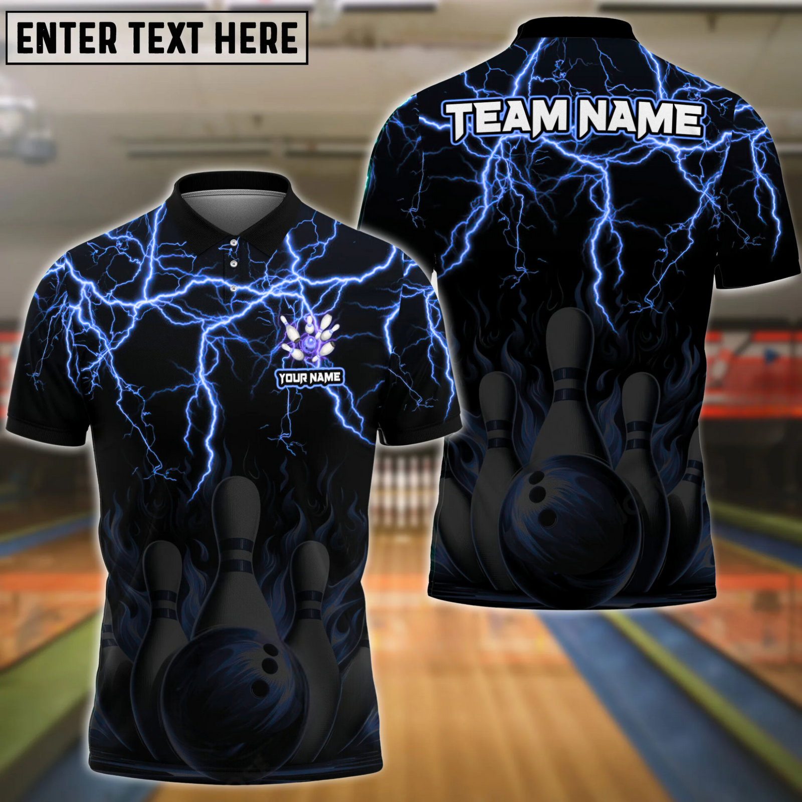Blisscorners Bowling & Pins Flame Thunder Pattern  Multicolor Option Customized Name, Team Name 3D Polo Shirt (4 Colors)
